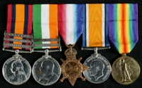 Albert Choice : (L to R) Queen's South Africa Medal with clasps 'Elandslaagte', 'Defence of Ladysmith', 'Belfast'; King's South Africa Medal with clasps 'South Africa 1901', 'South Africa 1902'; 1914-15 Star; British War Medal; Allied Victory Medal